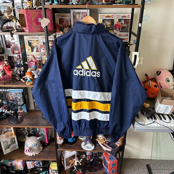 Vintage Adidas Windbreaker Track Jacket Men’s Size L Navy Blue / Yellow Hooded - Picture 1 of 7